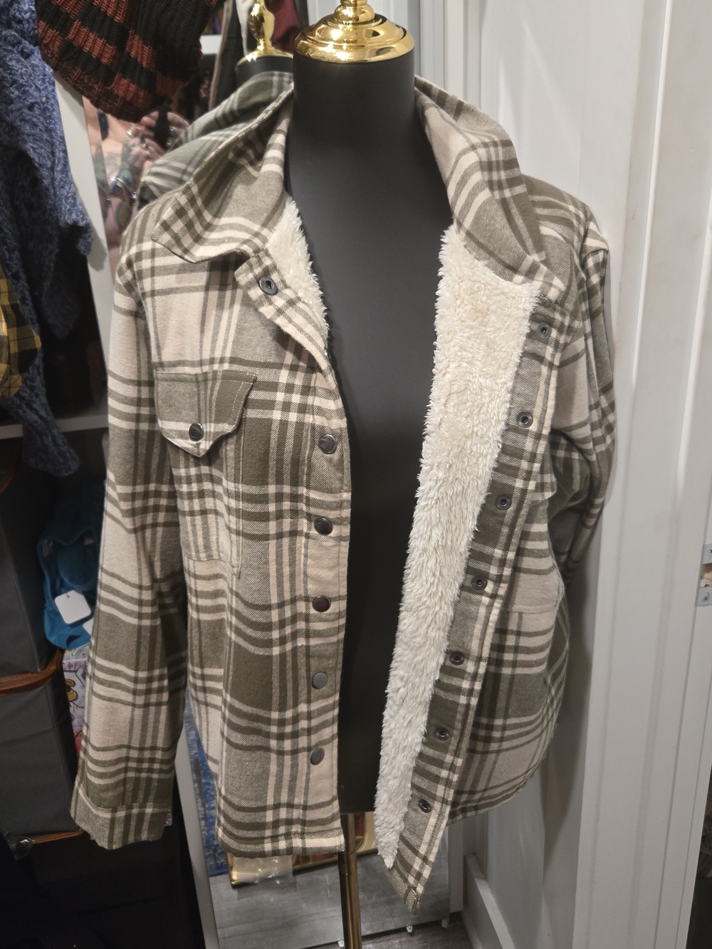 Lucky Brand Beige & Olive Plaid Sherpa Jacket
